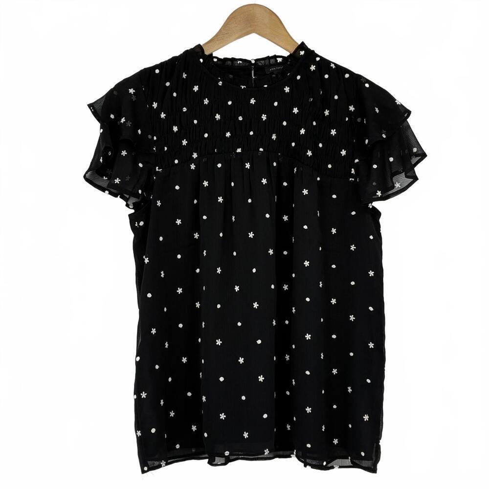 Ann Taylor Black Sheer Floral Embroidered Blouse -